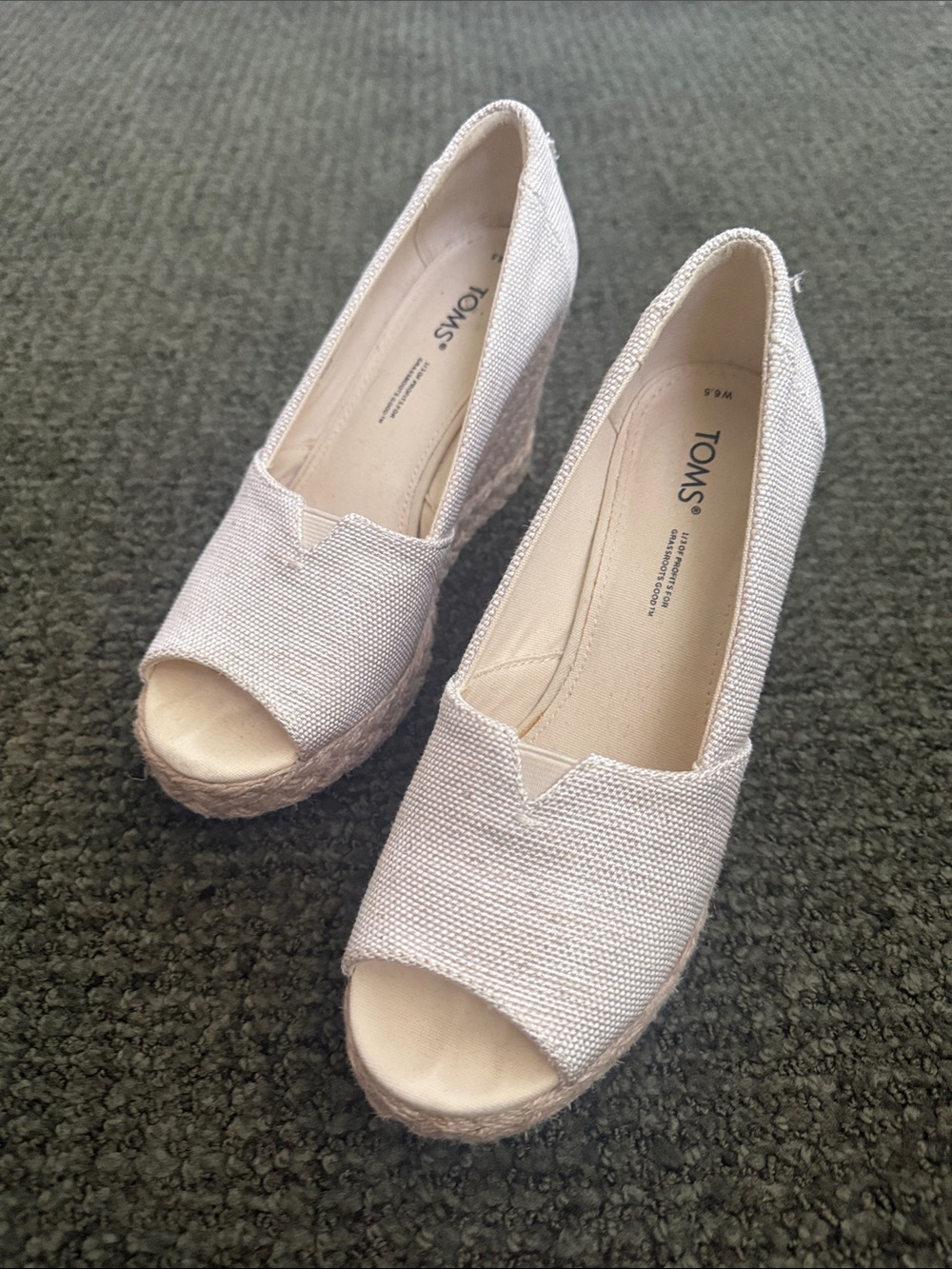 TOMS Cream Canvas Espadrille Wedge Peep-Toe